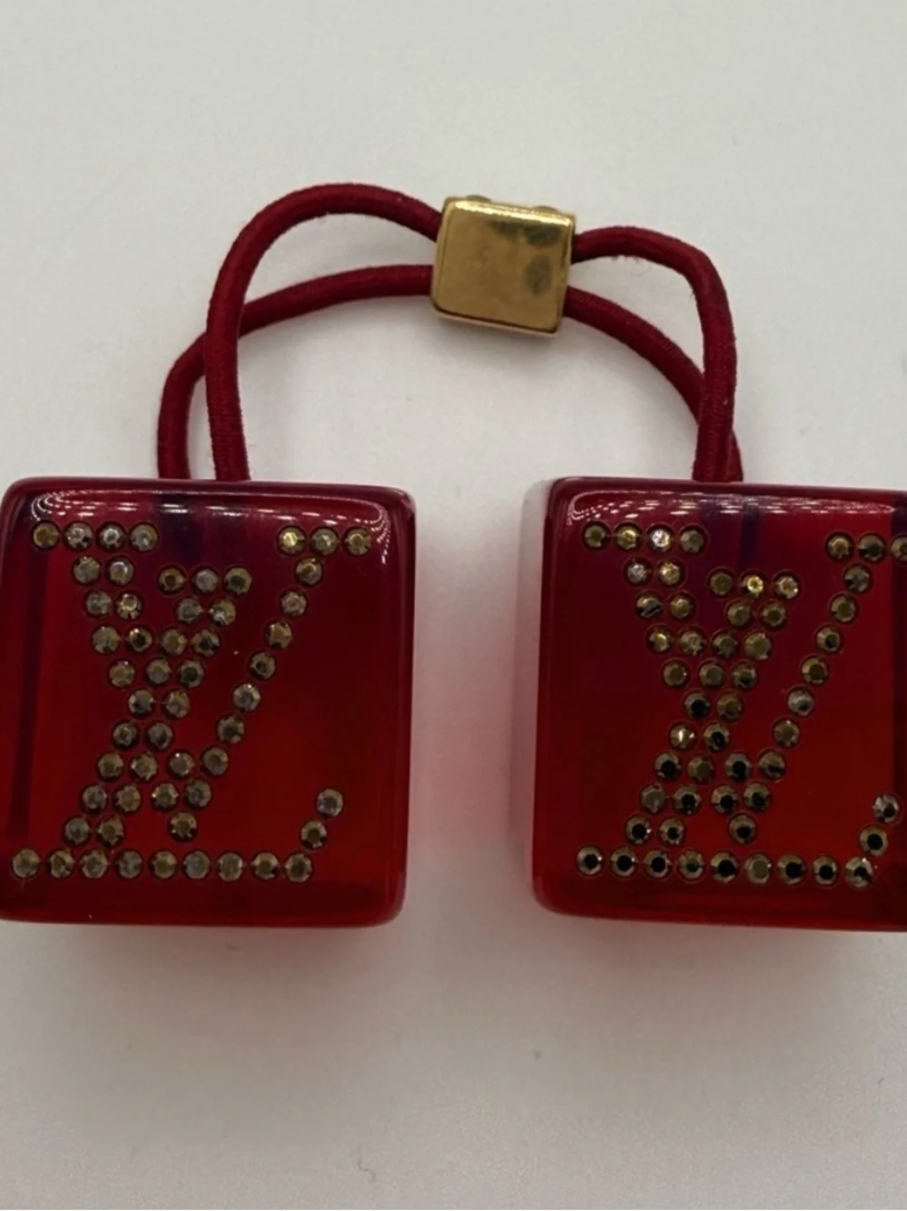 Louis Vuitton Red Logo Cube Hair Tie with Gold Accents - Picture 8 of 10